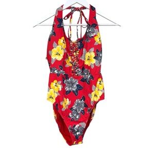 Ambrielle Ladies Red Floral Knotted Bathing Suit Halter Neck Size XL NWT
